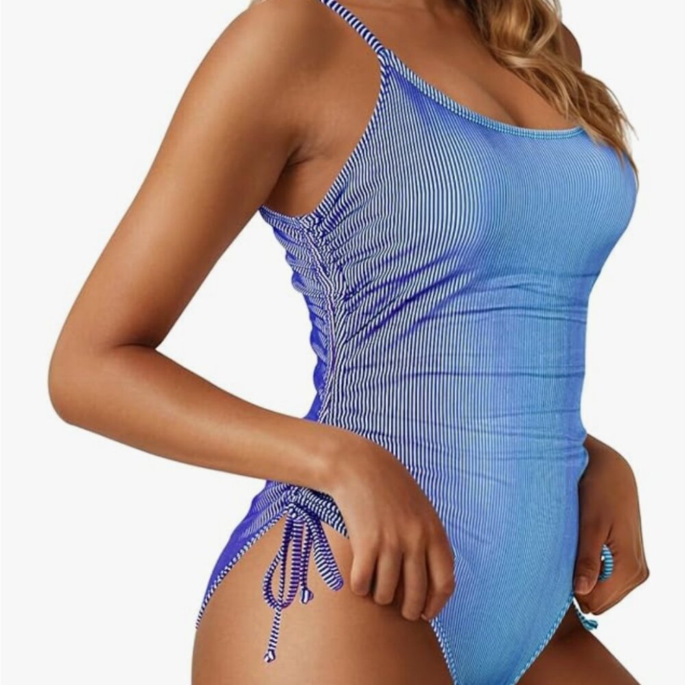 Women's Ruched blue Drawstring One Piece Swimsuit Tummy Control - Picture 2 of 5